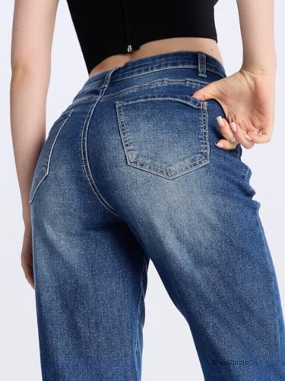 Tall Straight Leg Jeans Mid Waist Stretchy Loose Denim Pants Casual Baggy - Picture 3 of 7